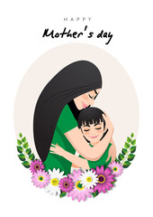 Cartoon character with Mom and daughter embrace in flower wreath. Mother s day background. Isolated design on white background. Vector illusrtation