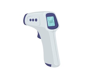 Electronic temperature meter. White laser medical device with digital thermometer checking thermal surges in case coronavirus pandemic and vector infections.