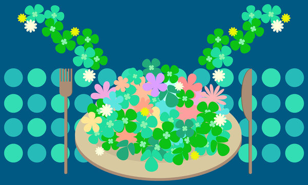 クローバーと小花をお皿に盛ったイラスト002｜Illustration of clover and florets on a plate 002