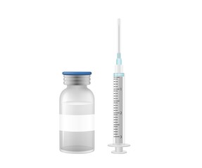 Syringe with vaccine clipart. Vaccination with blue glass vial of drug immunization.