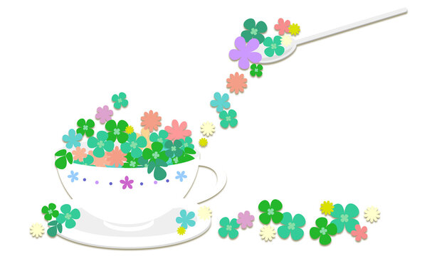 クローバーと小花をティーカップに盛ったイラスト003｜Illustration of clover and florets in a tea cup 003