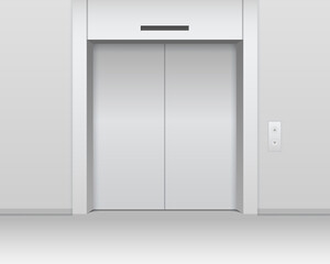 Modern elevator illustration. Closed steel silver doors with side call button elegant lifting equipment.