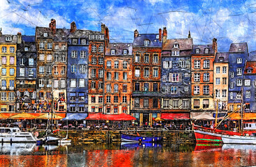 Colorful bulding and waterfront of Honfleur harbor in Normandy, France. Sketch illustration. - obrazy, fototapety, plakaty