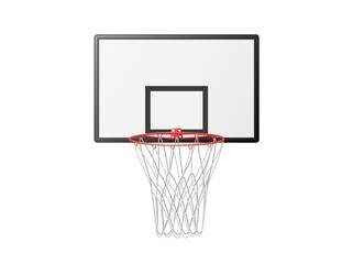 Fototapeta na wymiar Basketball basket on backboard clipart. Essential element of active game with red metal hoop and white net hanging special mount popular sports competitions and vector recreation.