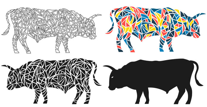 Bull. Set of vector illustrations in  tattoo or modern art style. Bison silhouette for logos and posters. Various styles and colors of drawn bull.
