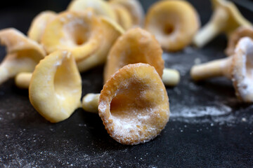 Cookies mushrooms with sugar powder close up, weird shaped food