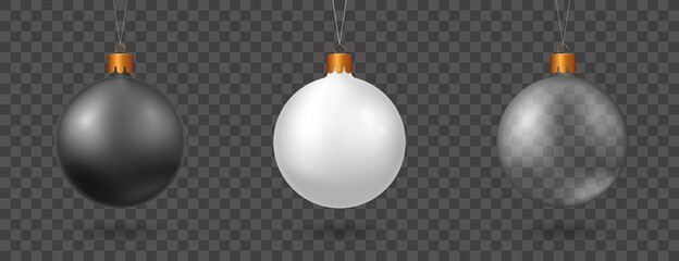 Christmas ball set template. Black festive glass decoration for white national winter holiday bright transparent plastic gradient with cheerful highlights and good vector mood.