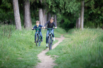 Naklejka premium Girl and her younger brother ride bicycles in park