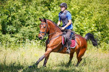 Young man riding horse on cross-country course