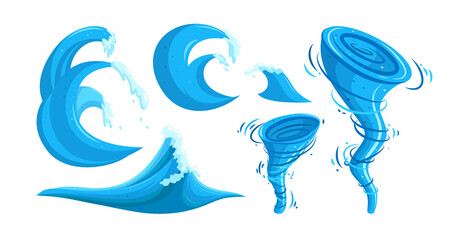Fototapeta premium Waves and whirlpool set. Tsunami waves flooding the area. Clipart cartoon vector illustration