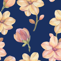 Magnolia seamless botanical pattern. Watercolor botanical ornament. Pink flowers on a blue background.