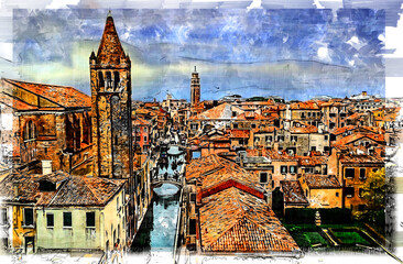 Dramatic view on Fondamaenta Alberti and Chiesa San Barnaba. Venice, Italy. Artistic sketch illustration.