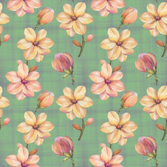 Magnolia seamless botanical pattern. Watercolor botanical ornament. Pink flowers on an abstract green background.