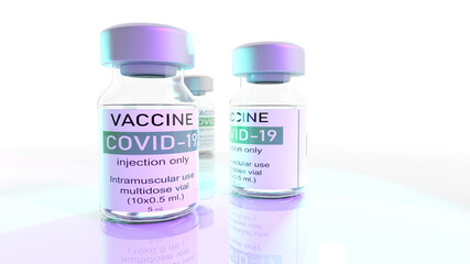 Vaccine glass bottle covid-19 virus. Epidemic virus protection concept. .3D Rendering.