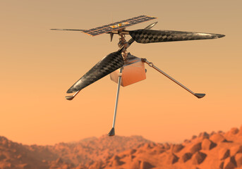 Helicopter Ingenuity explore Mars.  Drone on the ground of Mars examining rocks - obrazy, fototapety, plakaty