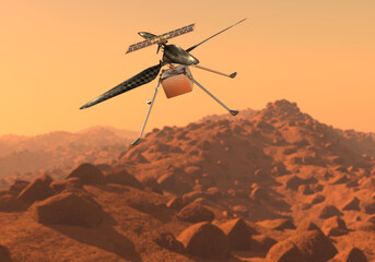 Helicopter Ingenuity explore Mars.  Drone on the ground of Mars examining rocks © Giovanni Cancemi