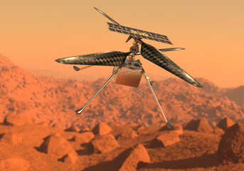 Helicopter Ingenuity explore Mars.  Drone on the ground of Mars examining rocks © Giovanni Cancemi