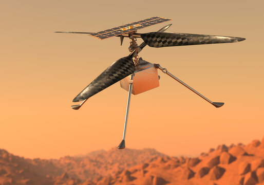 Helicopter Ingenuity Explore Mars.  Drone On The Ground Of Mars Examining Rocks