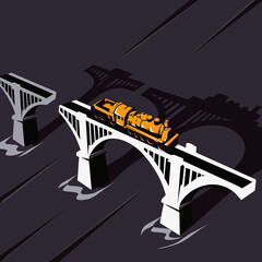  An old steam locomotive on a ruined bridge. Vector illustration.