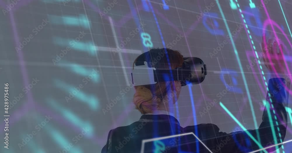 Aufkleber neon scope scanner and data processing against rear view of woman gesturing while wearing vr headset