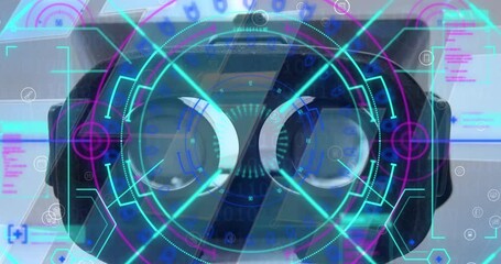 Data processing and neon scope scanner against close up of vr headset - Powered by Adobe