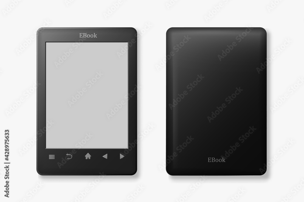 Poster front ebook and back view template. tablet black with empty screen and control buttons handy digital