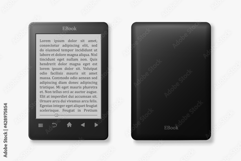 Poster ebook front and back view template. black tablet with on screen text and control buttons handy digit