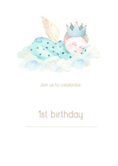 Watercolor hand painted newborn boy birthday card and baby shower invitation. Design for invitation, children decoration. Kid, flowers, baby, bear - 428975843
