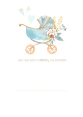 Fototapeta premium Watercolor hand painted newborn boy birthday card and baby shower invitation. Design for invitation, children decoration. Kid, flowers, baby, bear