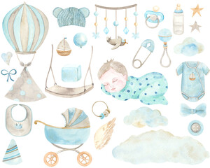Watercolor hand painted newborn boy set  with cute sleeping baby, stroller, balloon, bottle, pacifier, bow, bib, clouds. Design for baby shower, textile, print, nursery decor, children decoration - 428976080