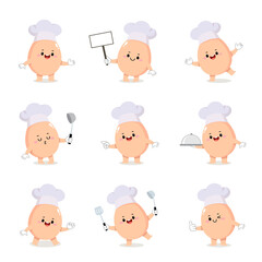 Set of cute egg chef cartoon characters with various activities.