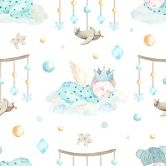 Watercolor hand painted newborn boy seamless pattern with cute sleeping baby, bow, clouds. Design for baby shower, textile, nursery decor, children decoration - 428976212