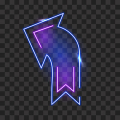Curve neon arrow template isolated. Geometric bright blue signpost with soft glow and advertising lights electric symbol of bars and vector casino.