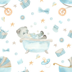 Watercolor hand painted newborn boy seamless pattern with cute sleeping bear. Design for baby shower, textile, nursery decor, children decoration