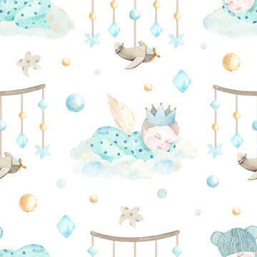 Watercolor hand painted newborn boy seamless pattern with cute sleeping baby, bow, clouds. Design for baby shower, textile, nursery decor, children decoration