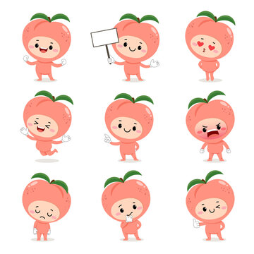 Set of cute peach cartoon characters with various activities and emotions.