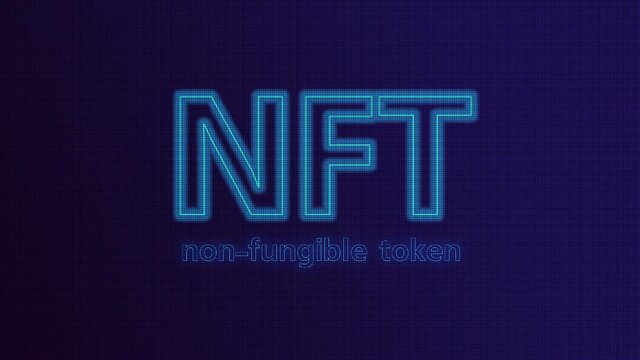 NFT non fungible token text animation with neon effect. Future of digital assets, collectibles and crypto art video illustration.