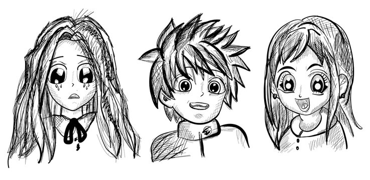 Set of anime characters Asian Eyes look. Manga style. Japanese cartoon Comic concept. Anime characters.