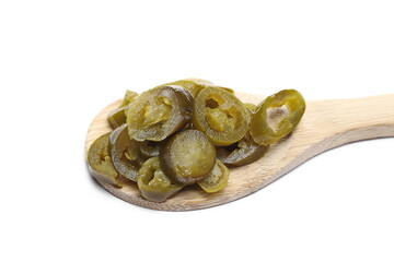 Spicy pickled pepper slices in wooden spoon isolated on white background