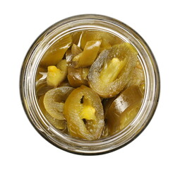 Spicy pickled pepper slices in glass jar isolated on white background, top view
