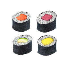 Comida japonesa. Sushi. Makis de salmón, atún, aguacate y mango. Acuarela