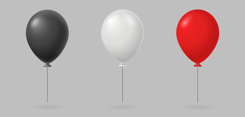 Soaring festive balloons. Black round holiday filled with red helium and shiny inflatable gradient realistic white latex vector celebration.