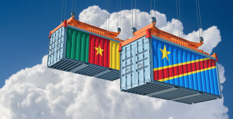 Freight containers with Democratic Republic of the Congo and Cameroon national flags. 3D Rendering 