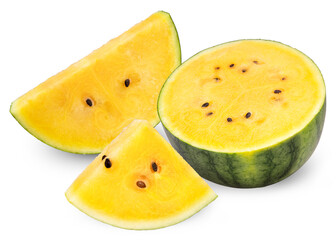 Sweet Yellow Watermelon isolated on white background, Yellow watermelon with Slices on white background With clipping path.