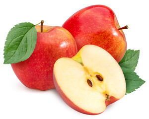 Fresh Red apple isolated on white background, Red Envy apple with leaves on white background With clipping path