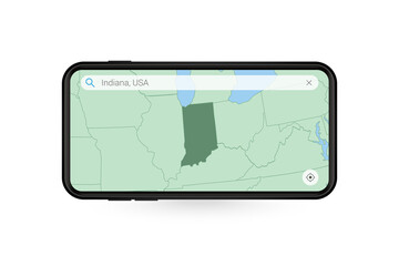 Searching map of Indiana in Smartphone map application. Map of Indiana in Cell Phone.