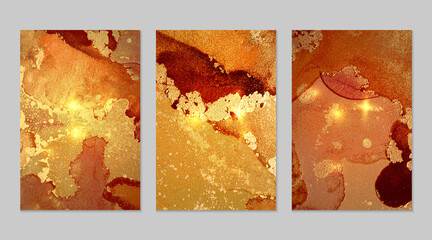 Set of marble patterns. Gold and orange geode textures with glitter. Abstract vector background in alcohol ink technique. Modern paint with sparkles. Backdrops for banner, poster. Fluid art