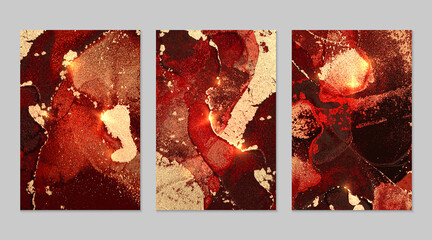 Set of marble patterns. Black, red and gold geode textures with glitter. Abstract vector background in alcohol ink technique. Modern paint with sparkles. Backdrops for banner, poster. Fluid art