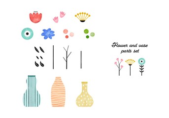 いろいろなお花と花瓶のパーツセット　水彩ベクターイラスト
