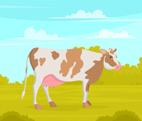 Cute spotted cow on meadow with green grass. Farm animal with horns and udder. Cow in cartoon style